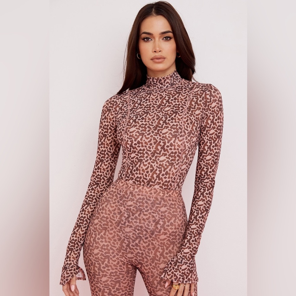 NWT House of CB Eleanor Pink Animal Print Mesh Bodysuit Size M